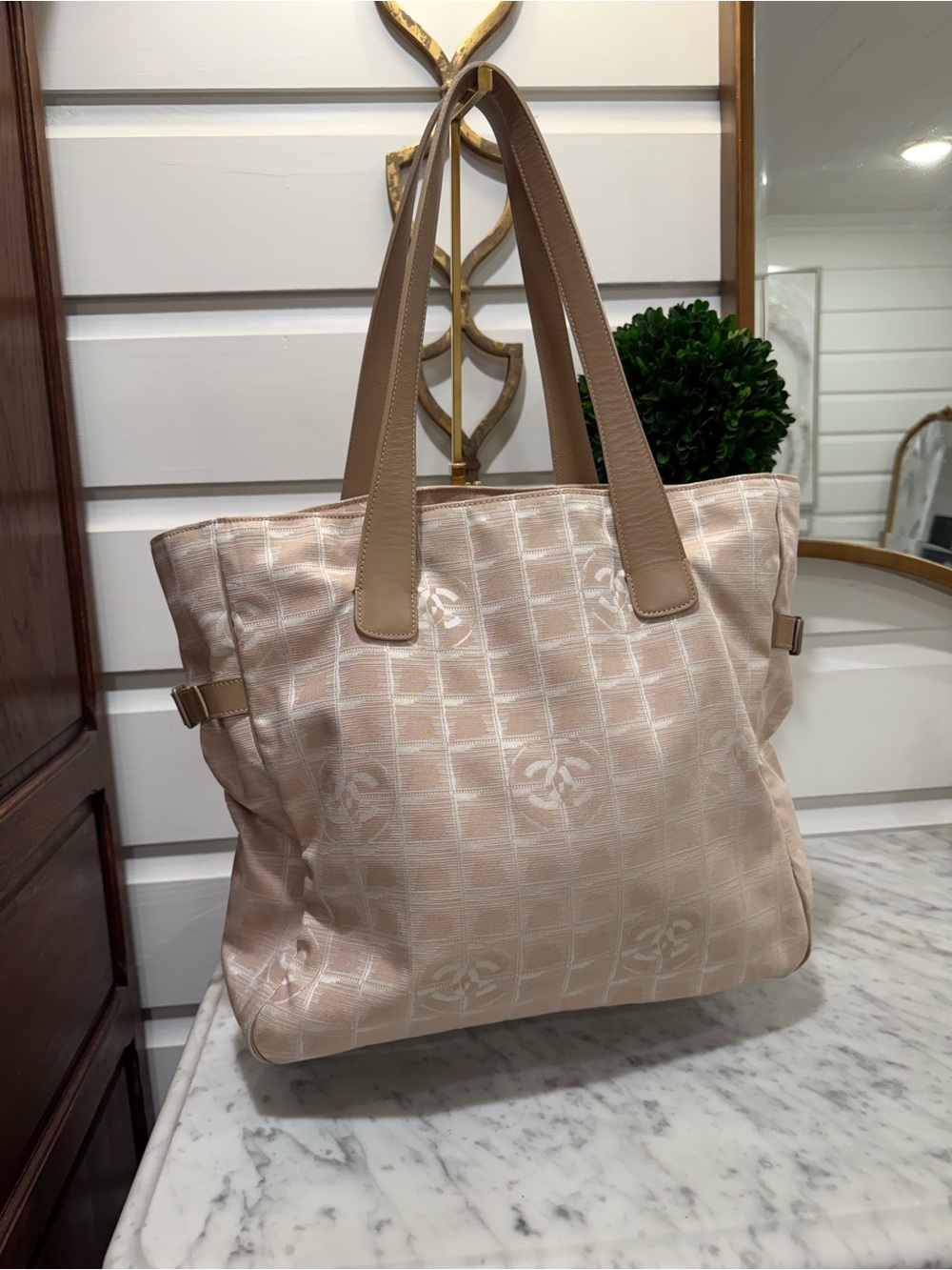 CHANEL Beige & Tan Logo-Pattern Shoulder Tote
